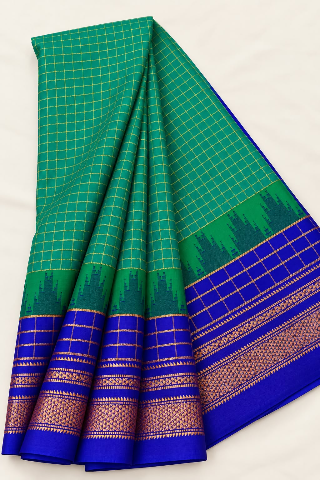 Emerald Green and Royal Blue Traditional Ilkal Temple Boarder Saree with Golden Checks — Cotton-Silk Ilkal saree