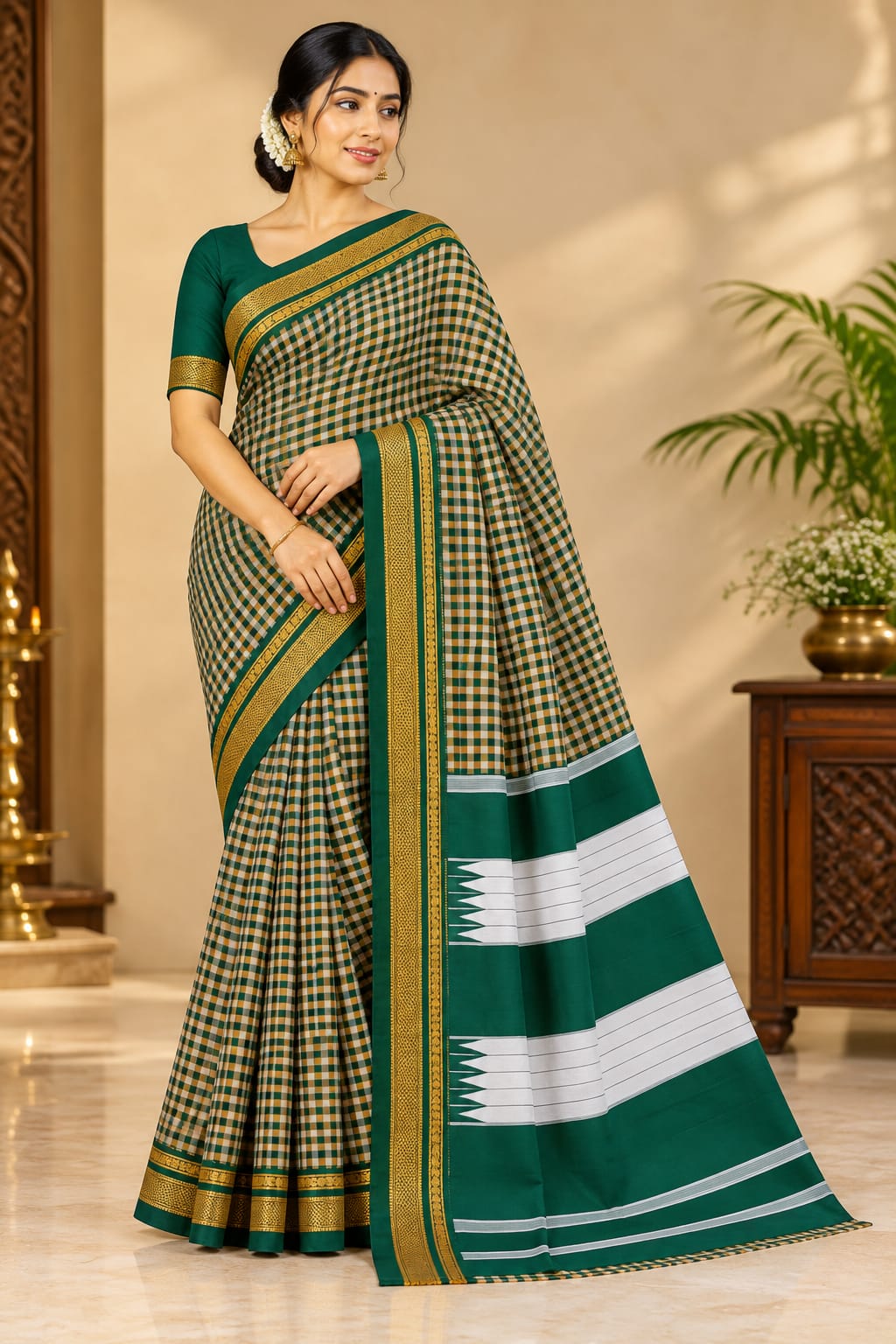 Emerald Green & Mustard Gold Checked Ilkal Saree with Traditional Border — Cotton-Silk Ilkal saree