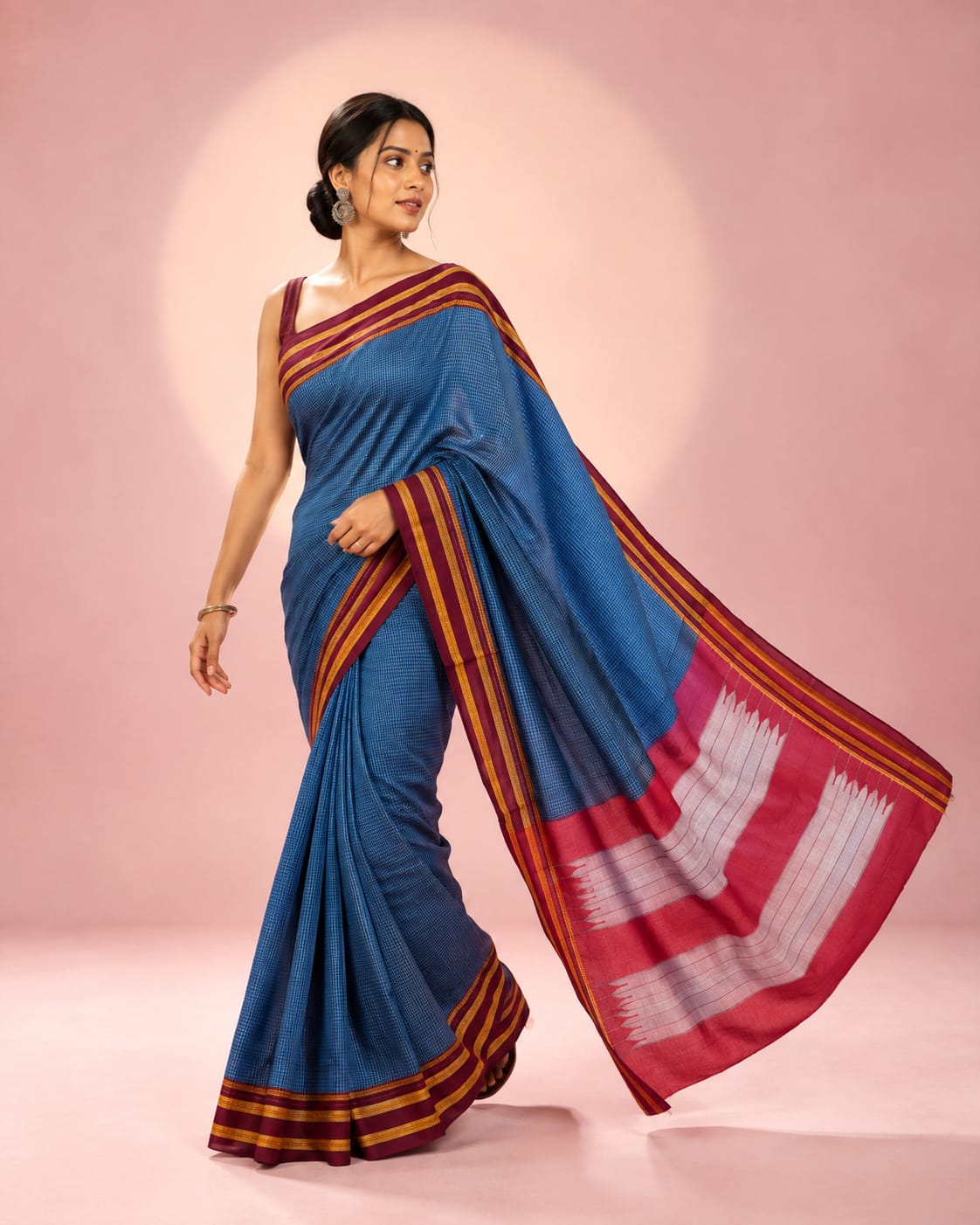 Ragavali Blue Chex Handloom Gayathri Ilkal Sarees — Cotton-Silk Ilkal saree