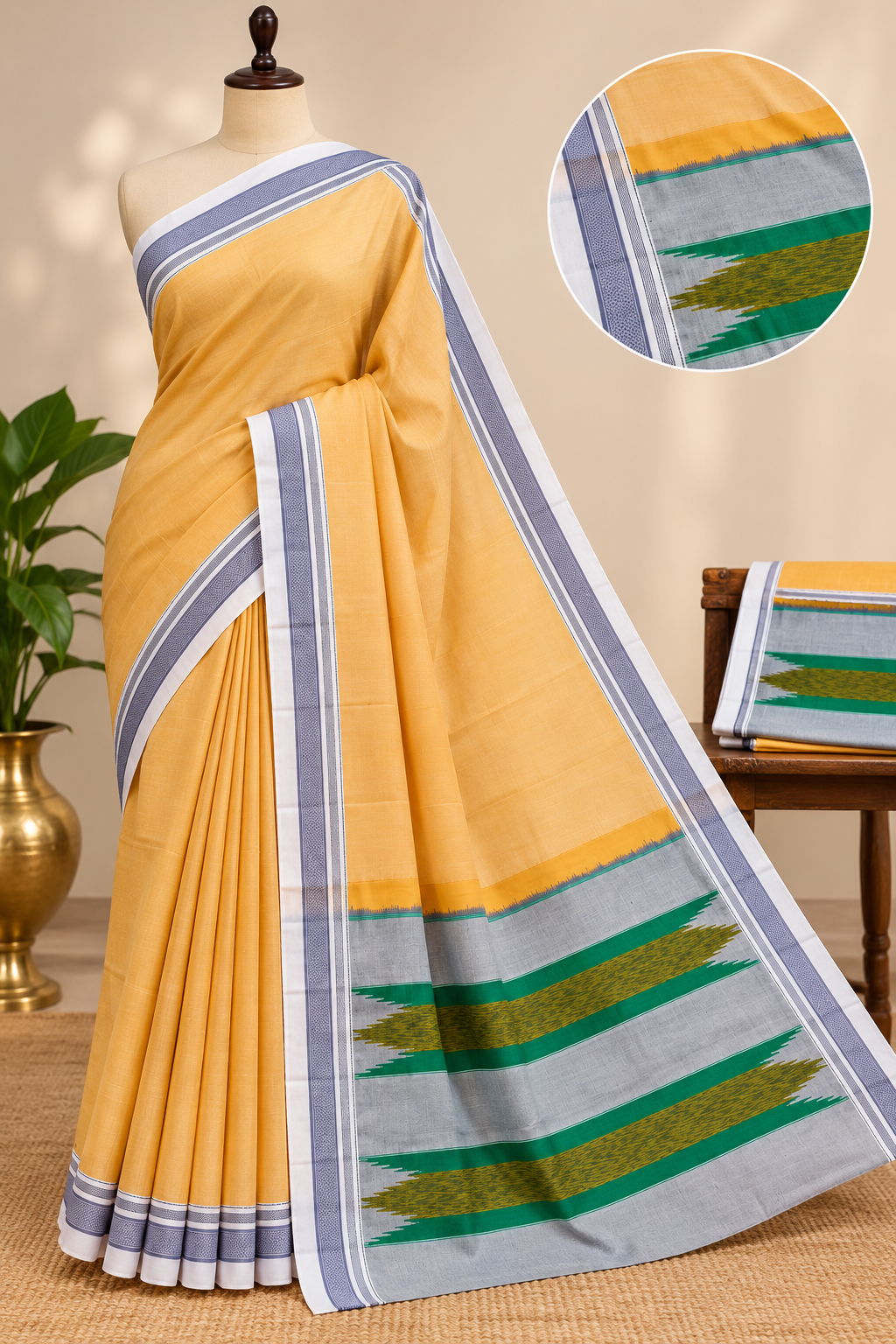 remium Peach Gold Handloom Ilkal Saree with Grey & Green Border — Pure Cotton Ilkal saree